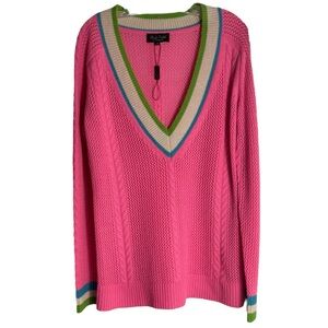 CLAUDIA NICOLE NWOT 100% Cashmere V-Neck Sweater in Pink/White/Green M —GORGEOUS